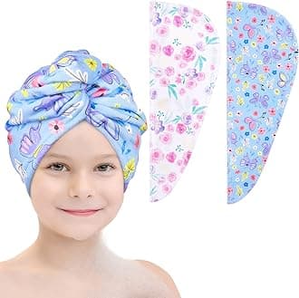 Basumee Microfiber Hair Towel Wrap for Kids 2 Pack Rapid Drying Hair Towel with Button Hair Turbans for Wet Hair Wraps Head Towel Wrap for Women and Girls, Flower