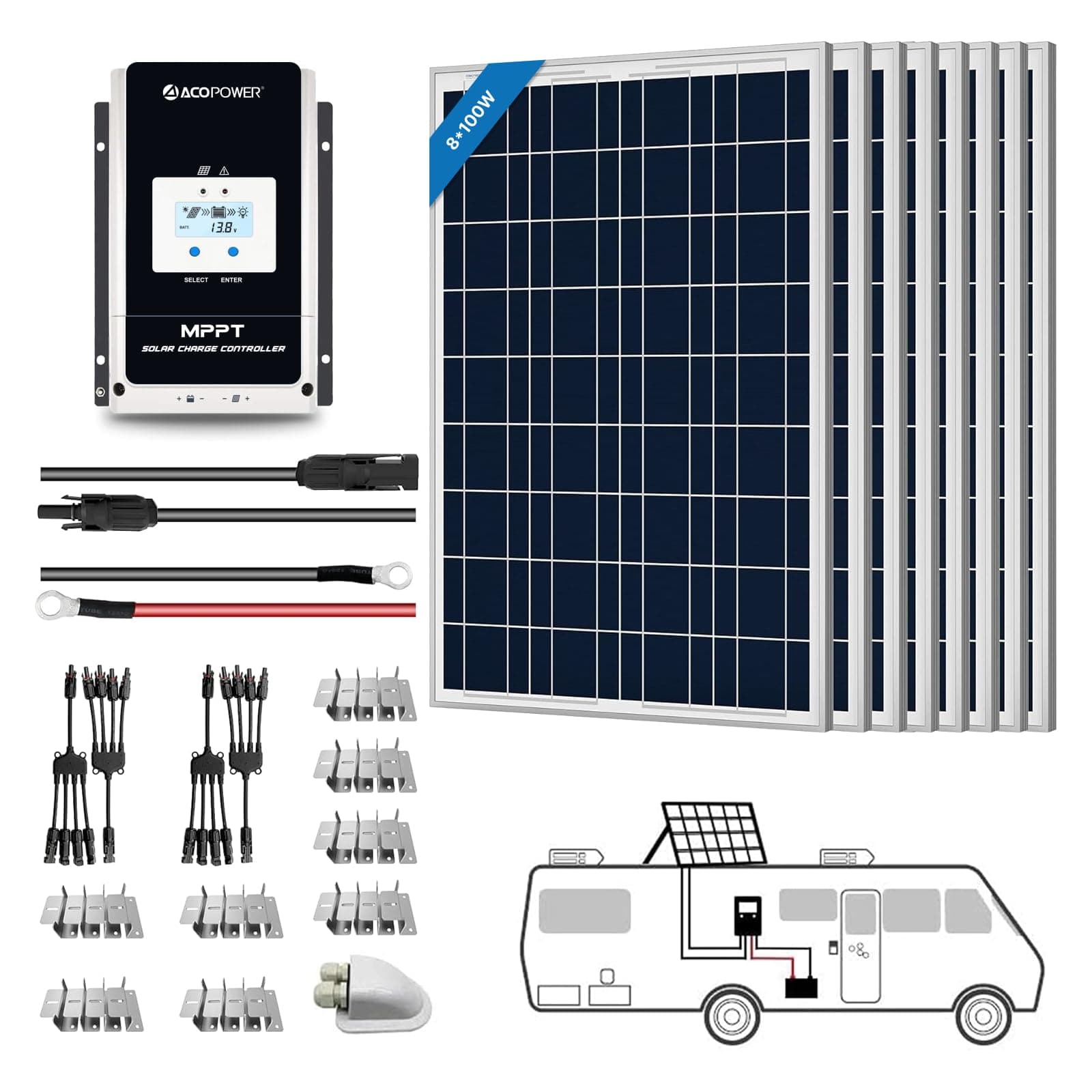 ACOPOWER Solar Panel Kit, 800W 12/24V Polycrystalline Off-Grid System for RV Home Marine with 8PCs 100W Rigid Solar Panels/60A MPPT Controller/Z-Brackets/Y Connectors/Solar Cables/Cable Entry Housing