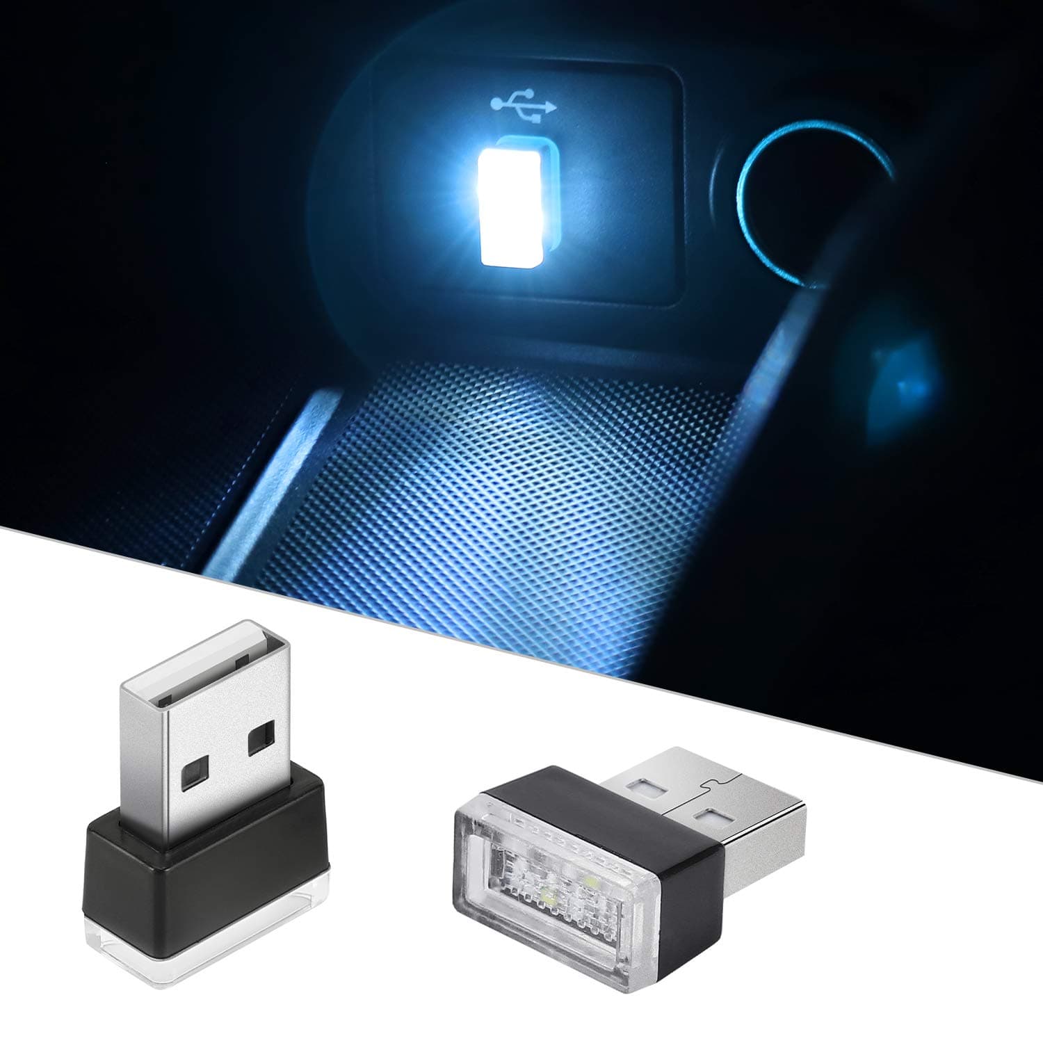 2Pcs USB LED Atmosphere Lights Mini Car Interior Accessories Ambient Lamp, Mini USB LED Decoration Night Light for All Car Interiors (ice Blue)