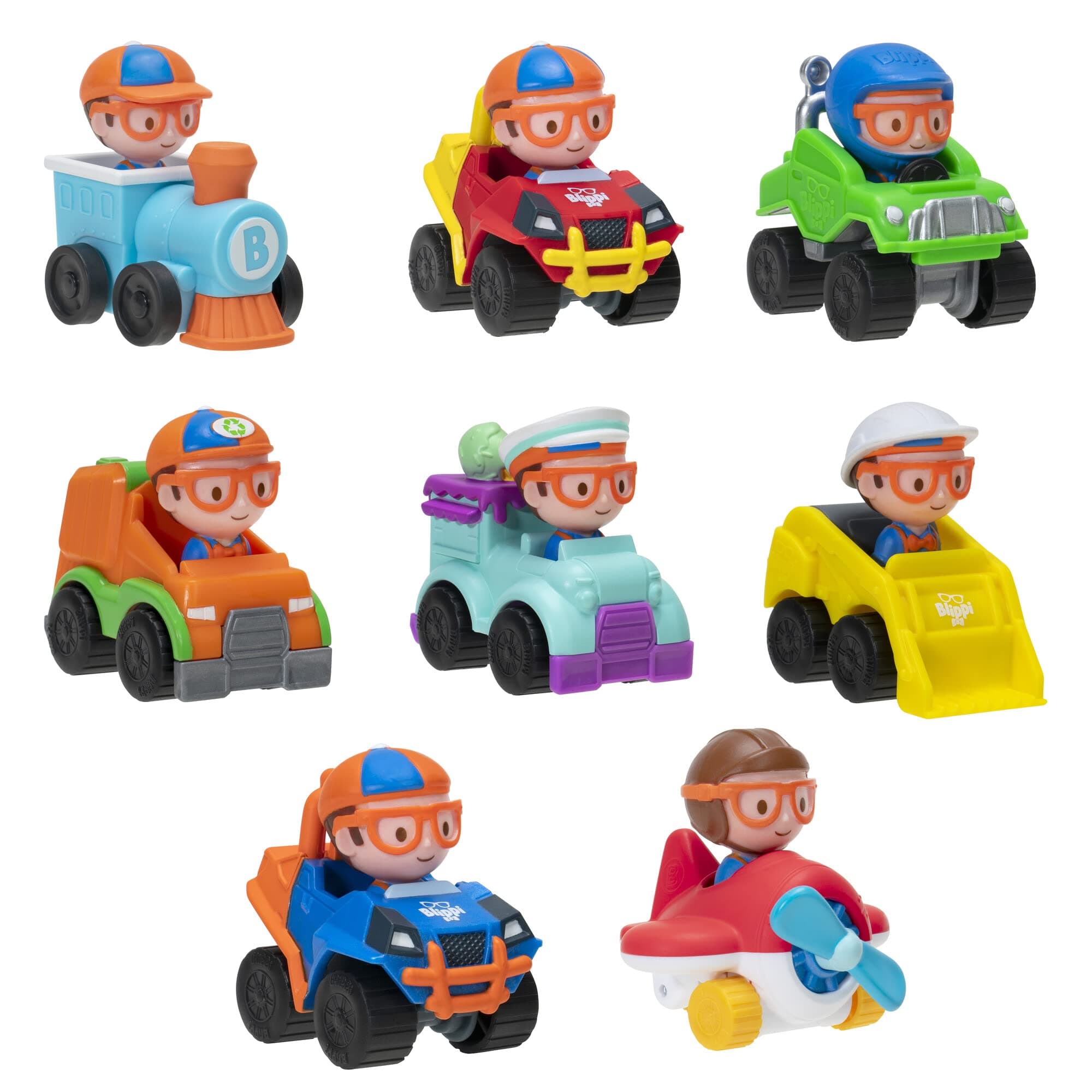 Blippi Mini Mobiles 8 Pack - Includes Eight 2-inch Mini Vehicle Toy Cars and Trucks with Blippi Figure - Officially Licensed - Gift for Preschoolers, Kindergarten, Boys & Girls - 3+
