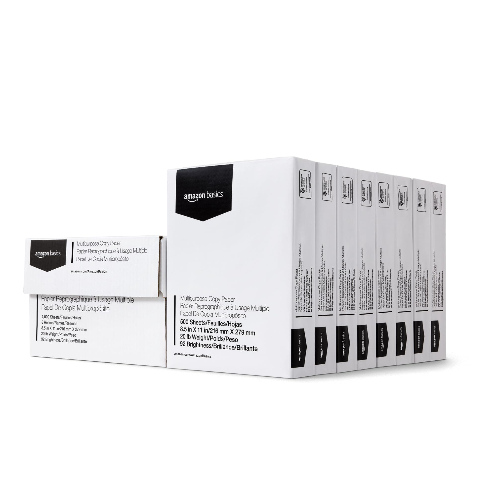 AmazonBasics Multipurpose Copy Printer Paper - White, 8.5 x 11 Inches, 8 Ream Case (4,000 Sheets)