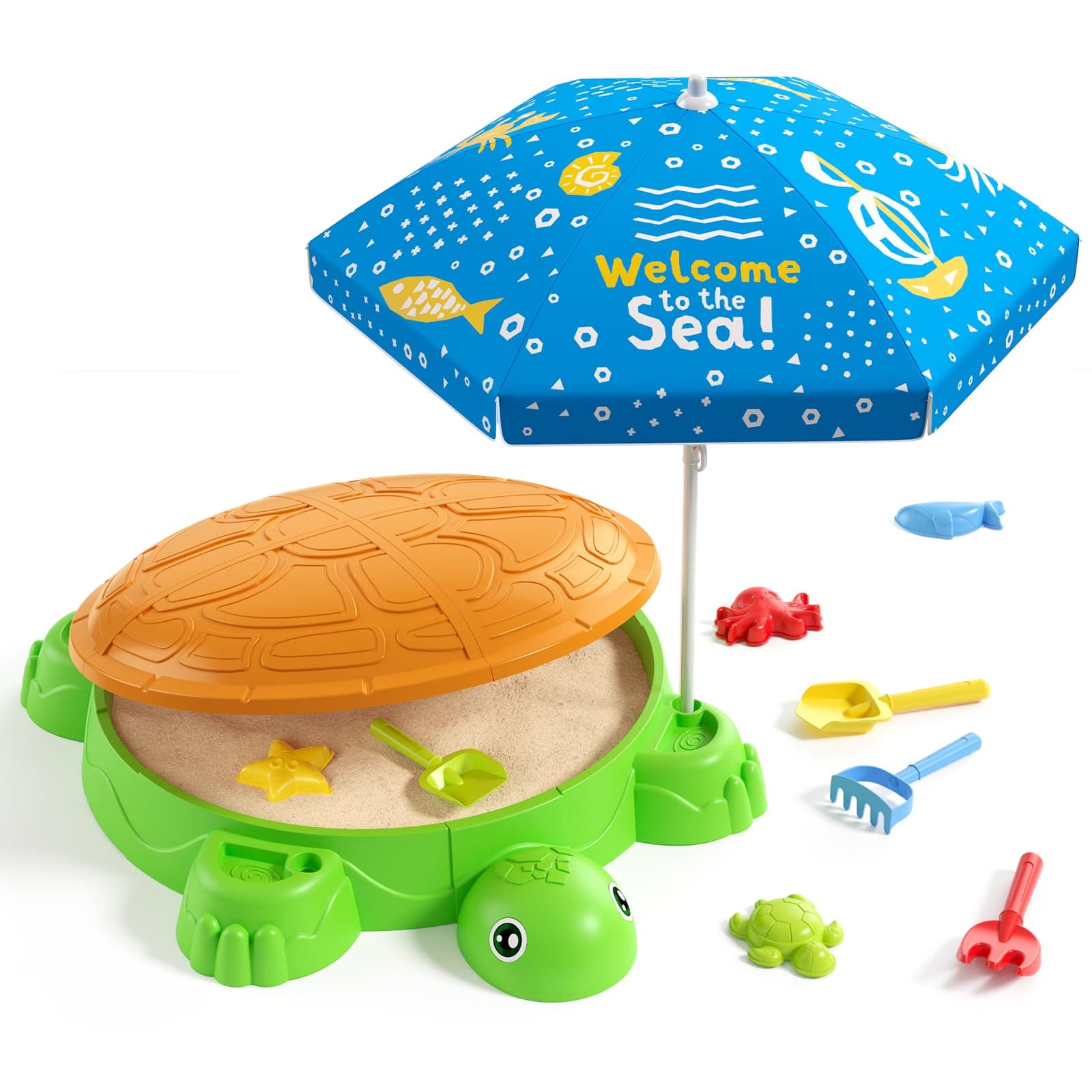 Turtle Sandbox with Lid, Sand Pit with Adjustable Umbrella & 8pcs Beach Toys for Toddler 3-5, Kids Sand Box with Cover Suit for Sensory Playsand, Summer Gifts for Indoor Outdoor Backyard