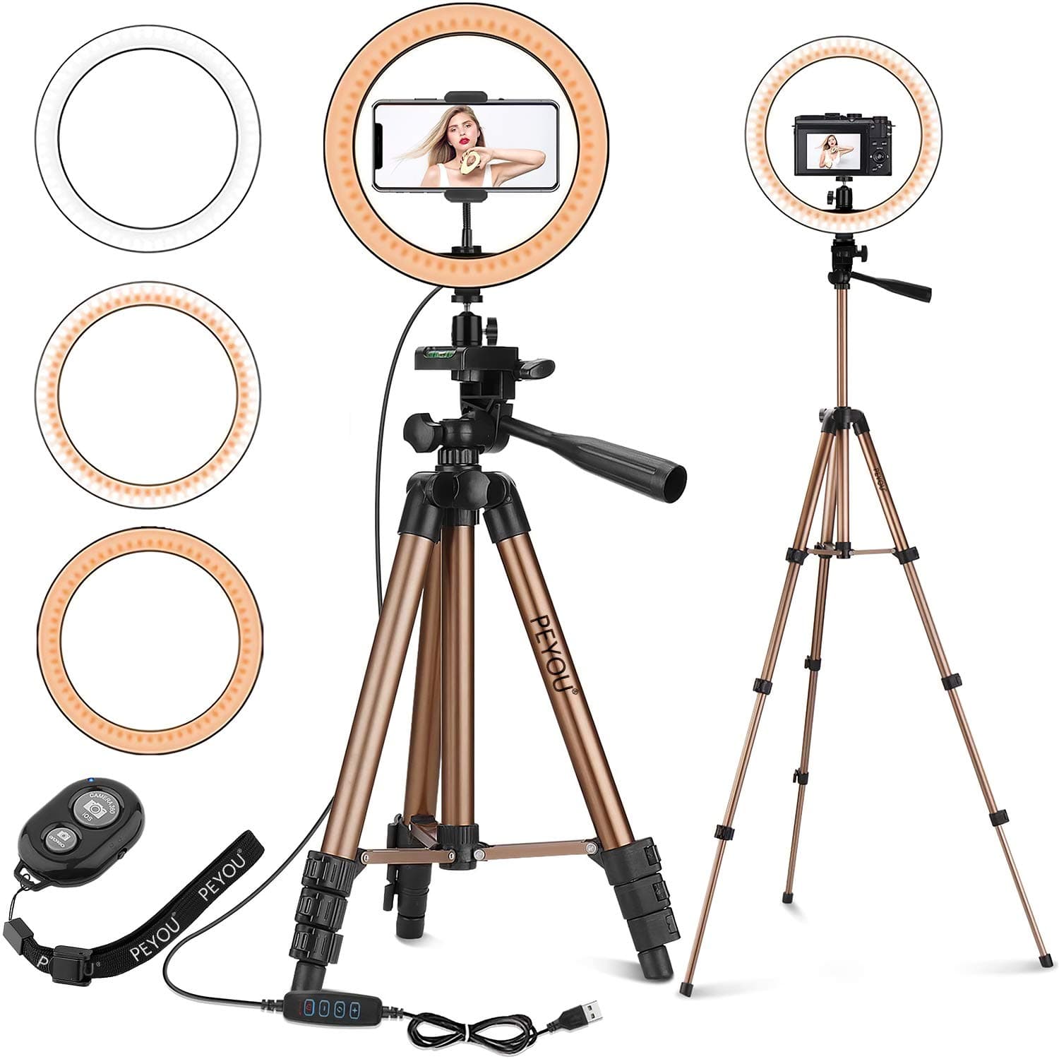 PEYOU 10" Selfie Ring Light with 50" Extendable Tripod Stand,Desktop Floor LED Ring Light with Phone Holder,Aluminum USB Powered with Bluetooth Remote for Makeup/Live Stream/YouTube Video