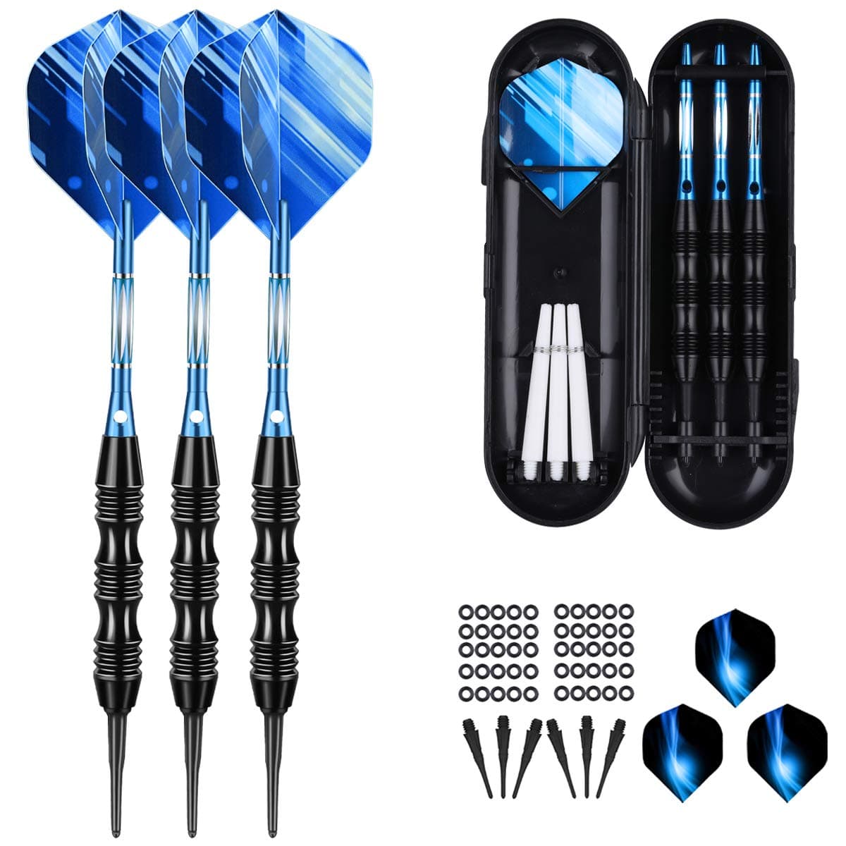 sanfeng Professional Soft Tip Darts Set 20 Grams W/O-Rings- 30 Darts Plastic Tip + Blue Aluminum Shafts + 6 Standard Flights + Portable Case for Electronic Dart Board