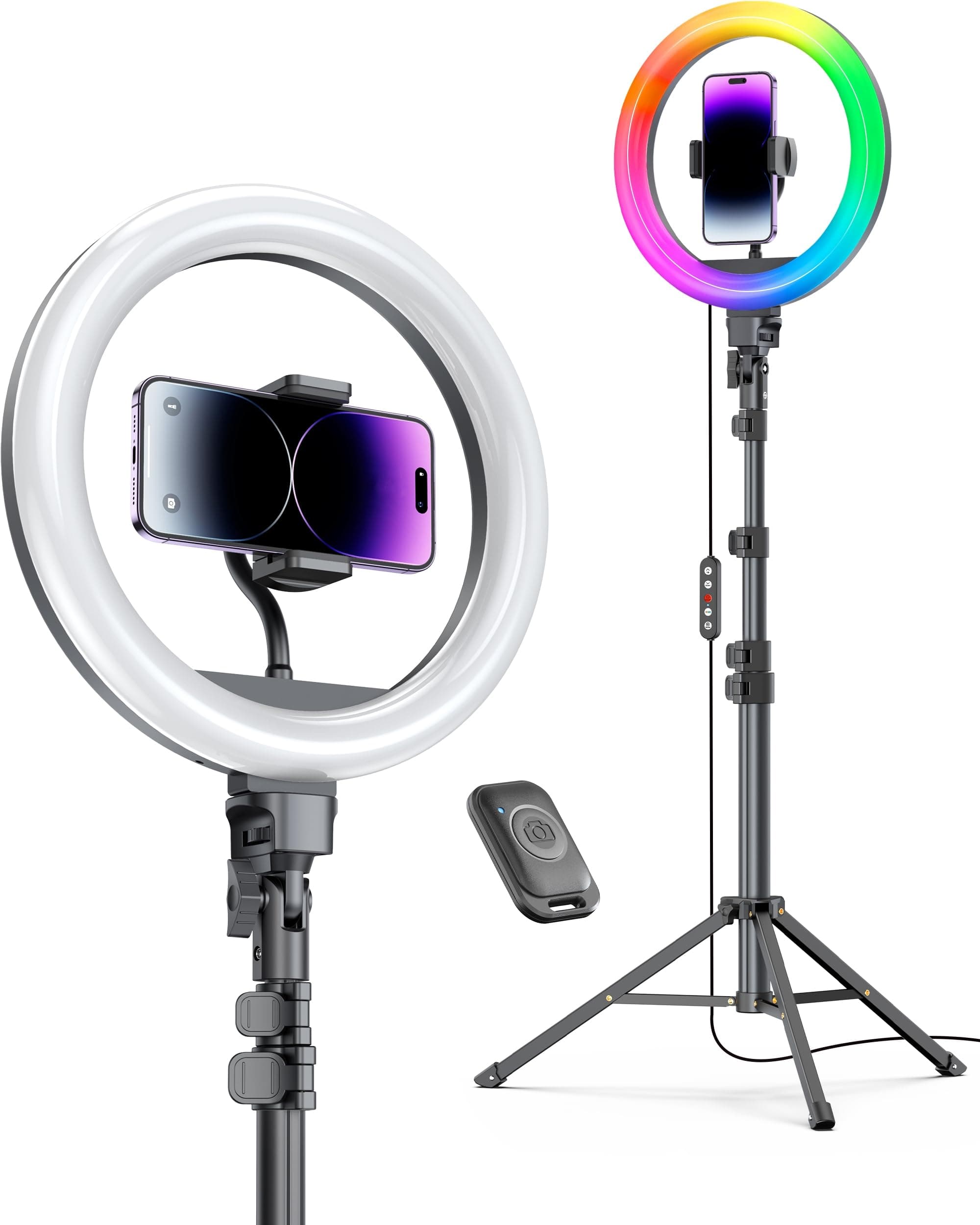 12'' Ring Light with Stand 72'' Tall & 2 Phone Holders,38 Color Modes Selfie Light with Tripod Stand, Big LED Ring Light for iPhone/Android/Camera,YouTube,Makeup