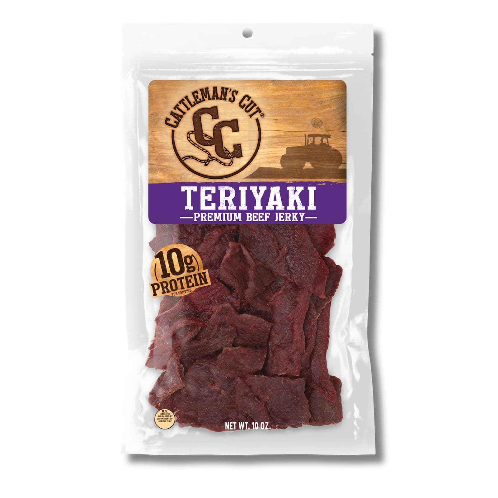 Cattleman's Cut Teriyaki Beef Jerky, Premium Marinated Steak High Protein Meat Snacks, Keto Friendly, Gluten Free, Carnivore Travel Snack, Resealable Bag, 10 Ounces
