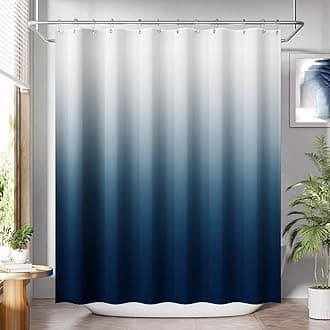 AmazerBath Shower Curtain, Cloth Ombre Blue Curtain Set with 12 Hooks, Washable Fabric Navy and White Curtain, Rustic Farmhouse Bathroom, 72x72 Inches