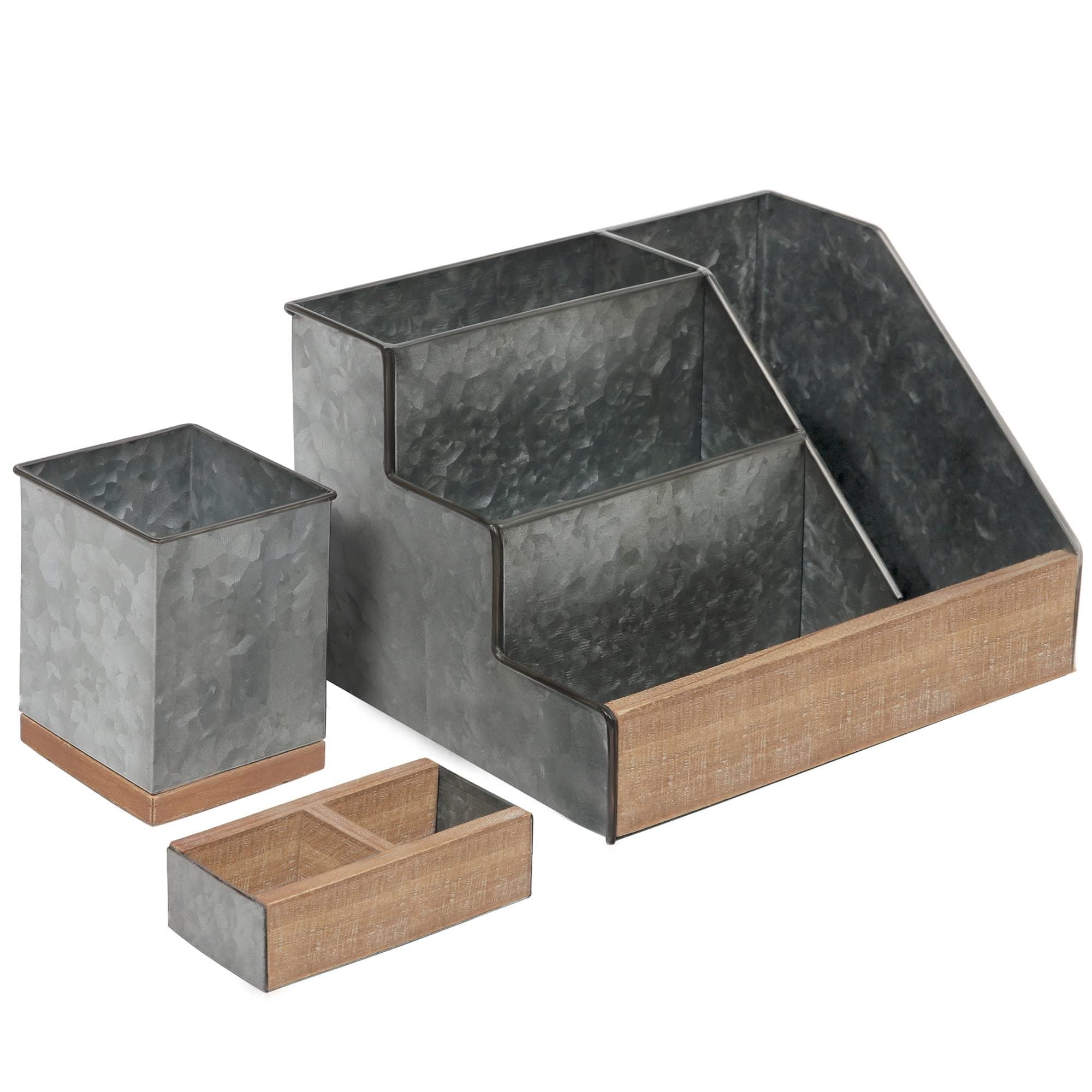 3 Piece Galvanized Metal Desk Organizer Set - Rustic Mail Organizer For Desktop - Great For Industrial Home Decor! Makeup Organizer For Vanity