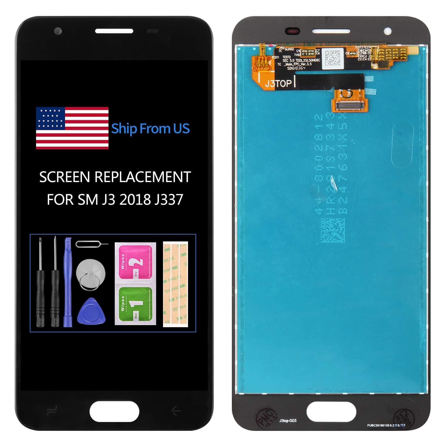 TFT Material for Samsung Galaxy J3 2018 J337 Screen Replacement LCD J3 Star/J3 V 2018/J3 Aura/SM-J337U Display Matrix Panel Parts Assembly Touch Sensor Digitizer Glass Lens Kit (Black)