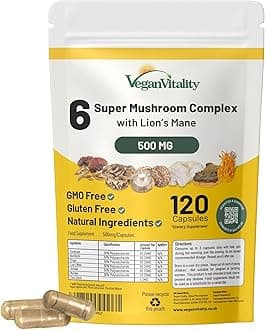 – 6 Mushroom Supplement Including Lions Mane Supplement High Strength Capsules. Mushroom Complex with Lion's Mane, Reishi, Chaga Mushroom Powder, Shitake, Cordyceps & Maitake. 120 Count.