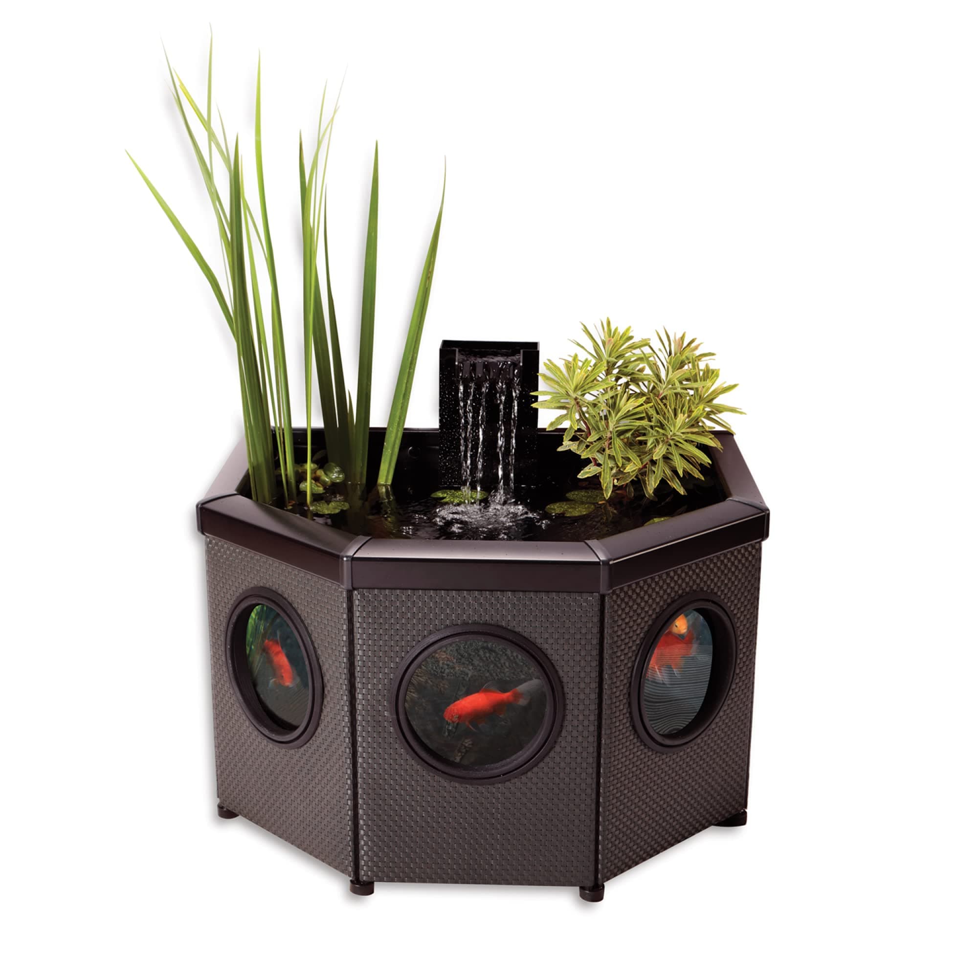 Affinity View Half-Moon Living Water Feature Patio Pool Pond, with Inpond 5-in-1 2000 Filter Pump & LED Spotlight, 3 Attractive Fountain Feature Heads, 1 Planting Basket - Small, Black