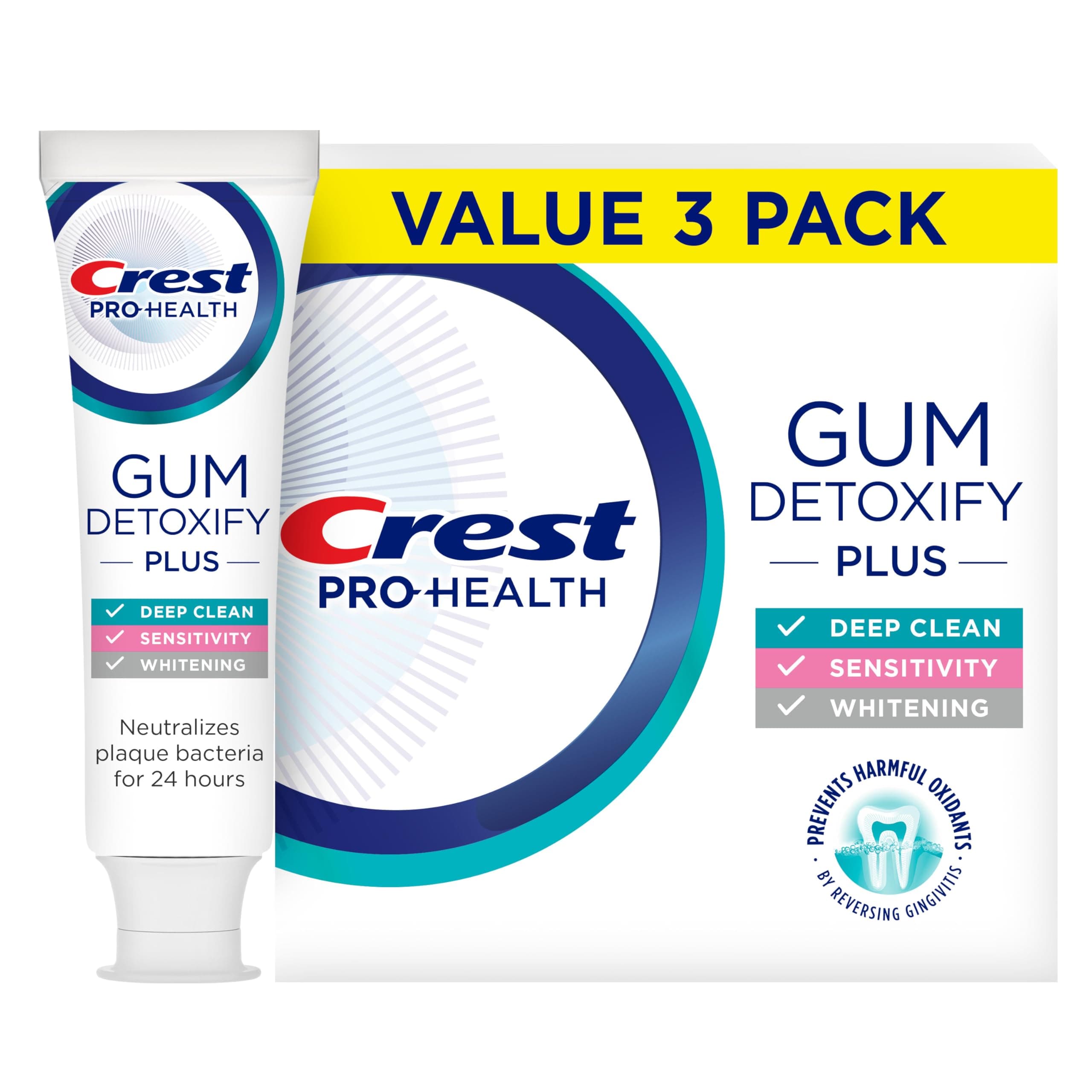 Pro-Health Gum Detoxify Plus Toothpaste 4.5 oz Pack of 3 - Antibacterial Fluoride Toothpaste, Sensitivity Protection, Whitens Teeth, Anticavity, Plaque Control