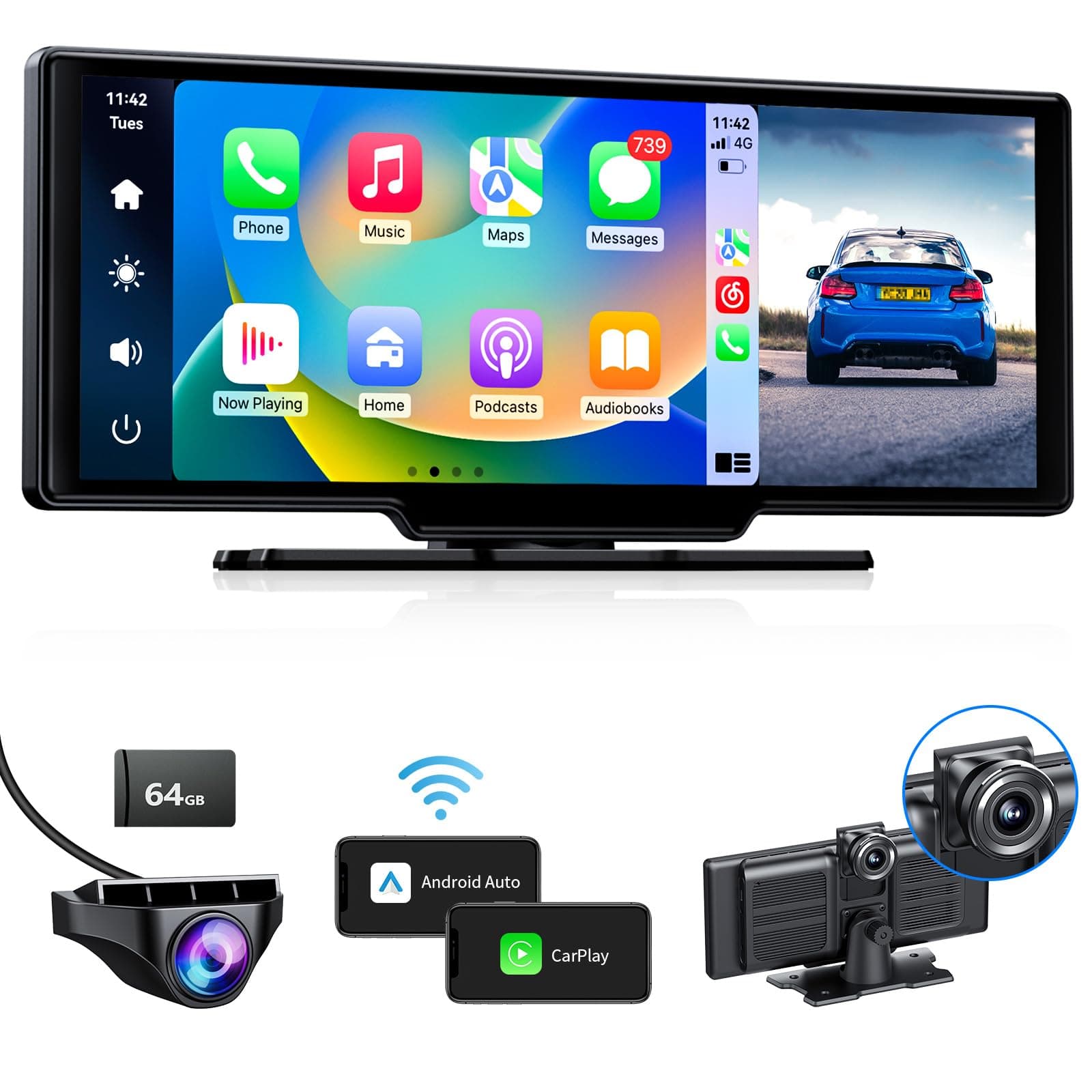 MC26 Wireless CarPlay, Android Auto with 4K/1080P Dash Cam Front and Rear, 9.3” Touchscreen Car Stereo with AirPlay, CarPlay Screen for Car, Loop Recording, Navigation, Free 64GB Card