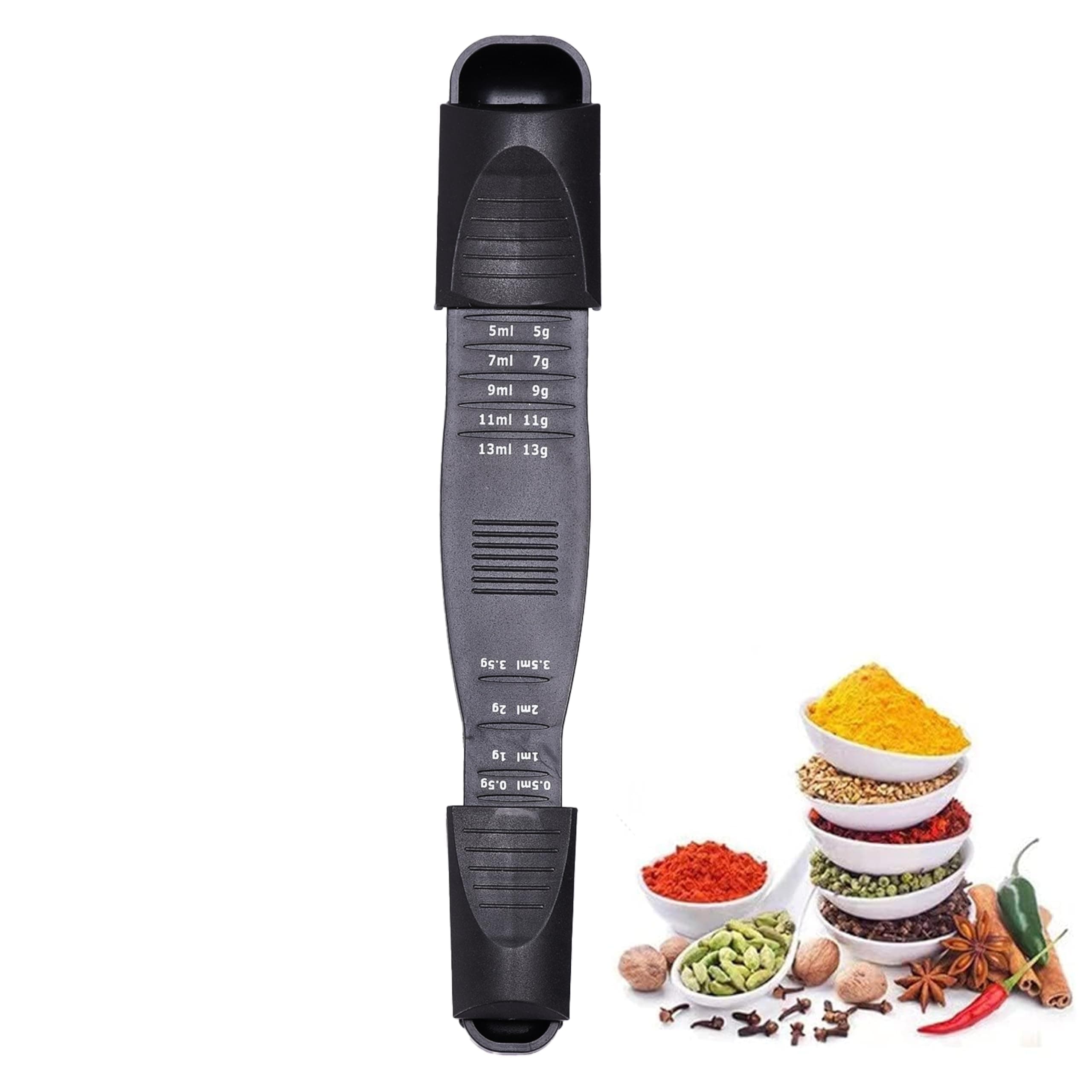 Noa Store Adjustable Measuring Spoons Metric System - Measuring Spoon with Double End Adjustable Scale - Measures Liquid, Solid, and Semisolid Foods And Herbs in ml and grams- 8.46x1.37In - Black