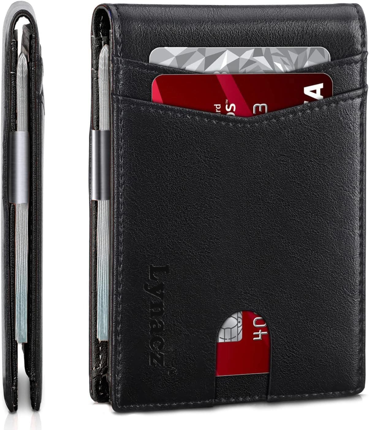 RUNBOXMen’s Slim Leather Wallet Blocking, 12 Card Slots, ID Window, Money Clip Minimalist Bifold Gift for Dad, Husband, Birthday, Christmas-Black&Black