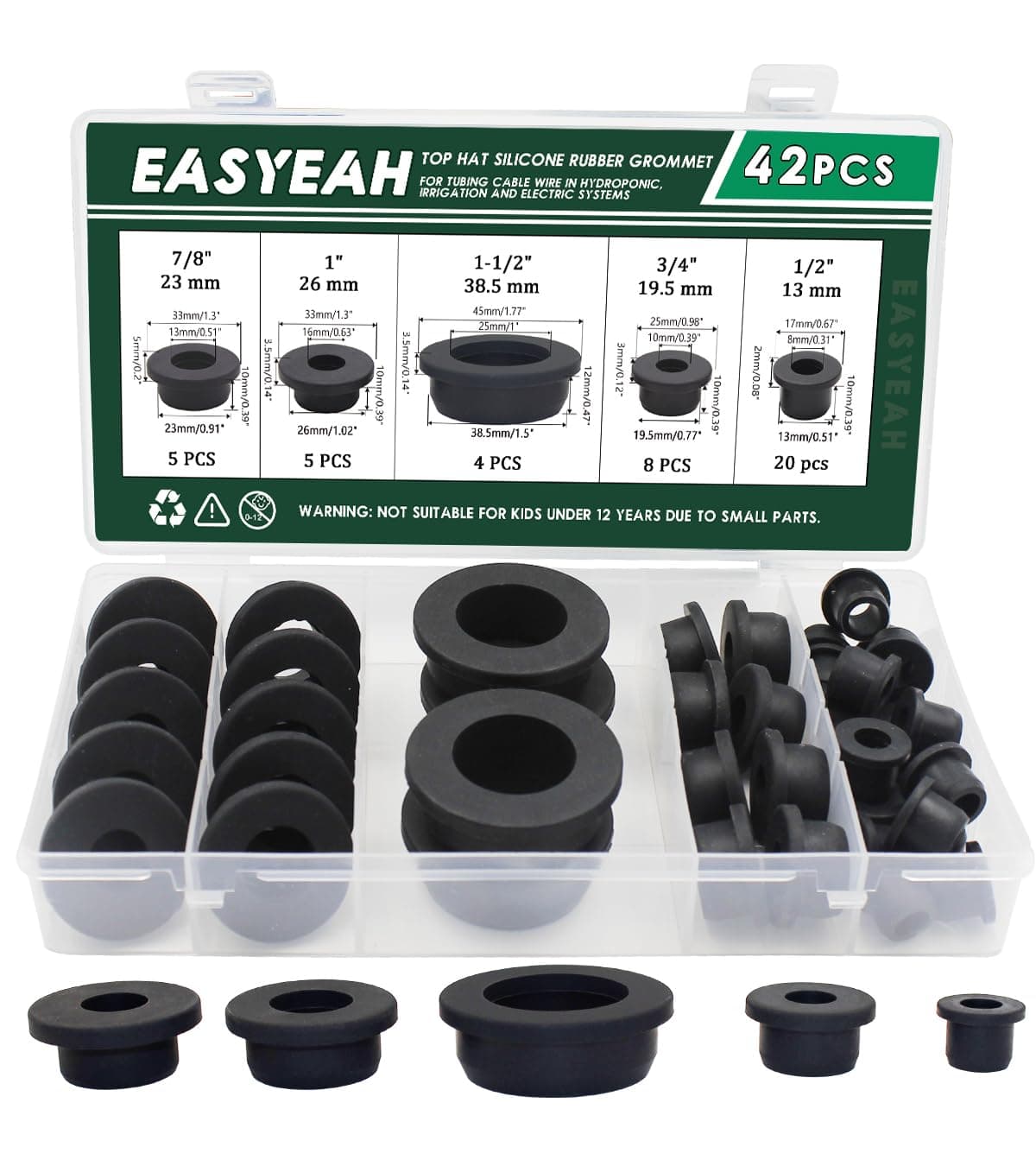 42 Pack Top Hat Rubber Grommets for Wiring Assortment Kit Waterproof Wire Grommets Automotive, Firewall Silicone Plug for Holes, Vinyl Tubing in Hydroponic and Irrigation Systems, 5 Sizes