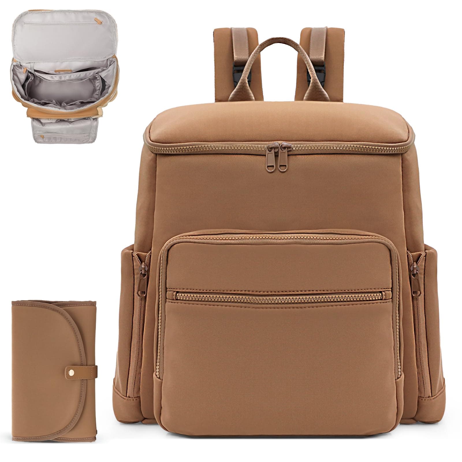 Diaper Bag Backpack, Neoprene Bag Backpack, Large Diaper Backpack with 16 Diaper Bag Organizers, 4 Insulated Pockets, Lighweight Travel Baby Bag with Changing Pad, Brown