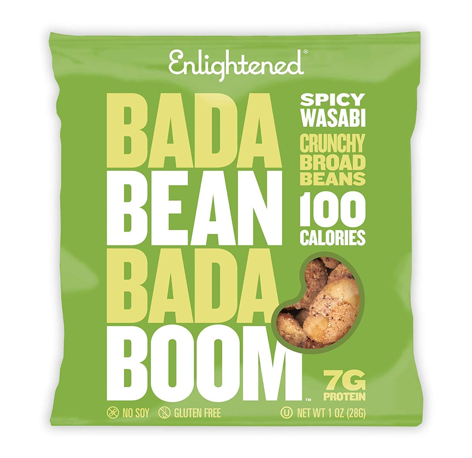 Enlightened Bada Bean Bada Boom, Crunchy Roasted Broad Bean Snacks (Fava), High Protein, Vegan, Gluten-free - 110 Calorie Packs, Spicy Wasabi, 1 Ounce (Pack of 24)