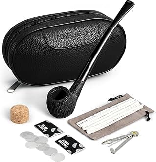 Briar Tobacco Pipe With Leather Pouch, Churchwarden Style, Metal Filter, Screens, Cleaners and Smoking Accessories