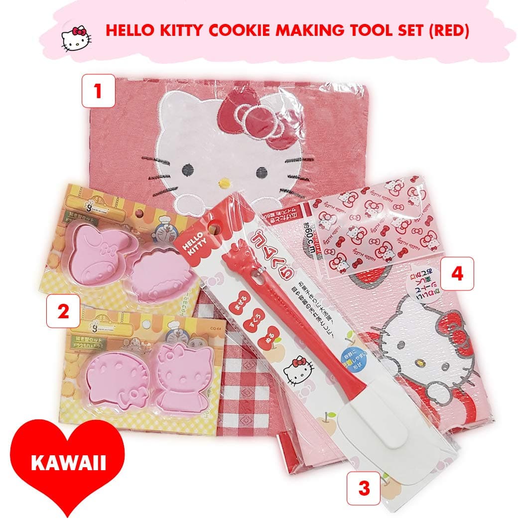 Sanrio Japan Hello Kitty Cookie Biscuit Making Tool Bundle Set - 2x Sanrio Character Small Cookie Stamp Cutter Set, Hello Kitty Red Apron, Picnic Mat & Red Spatula.