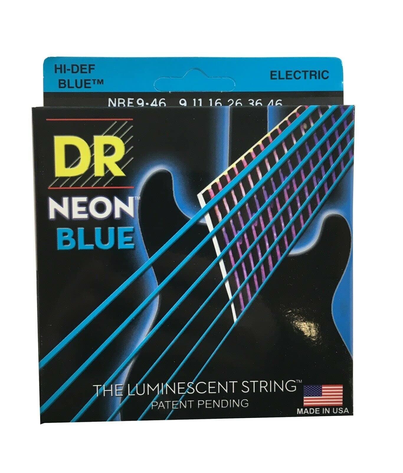 Dr HiDef blue, neon, Lite-N-Heavy 009”, 011”, 016”, 026”, 036", 046" string set for electric guitar, fluorescent, glow in the dark