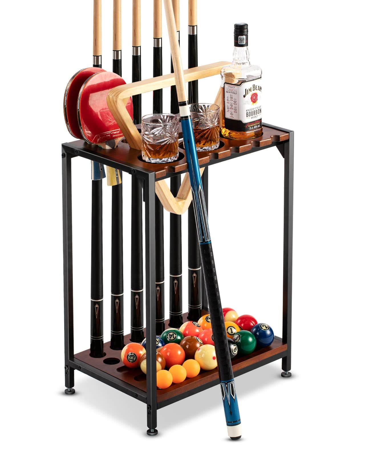 Billiards Pool Stick Holder - Pool Cue Rack Floor Stand & Ping Pong Paddle Holder Hardwood Pool Cue Holder for 12 Cues Sticks Pool Table Accessories Organizer (Brown)