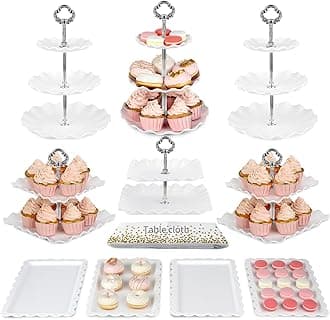 Pack of 10 NWK Cake Stand Set, Cupcake Stand, with 3 x Two-Tier and 3 x Three-Tier Cupcake Stands, 4 x Appetizer Trays, 1 x Tablecloth for Birthday Bridal Baby Shower Party (Silver)