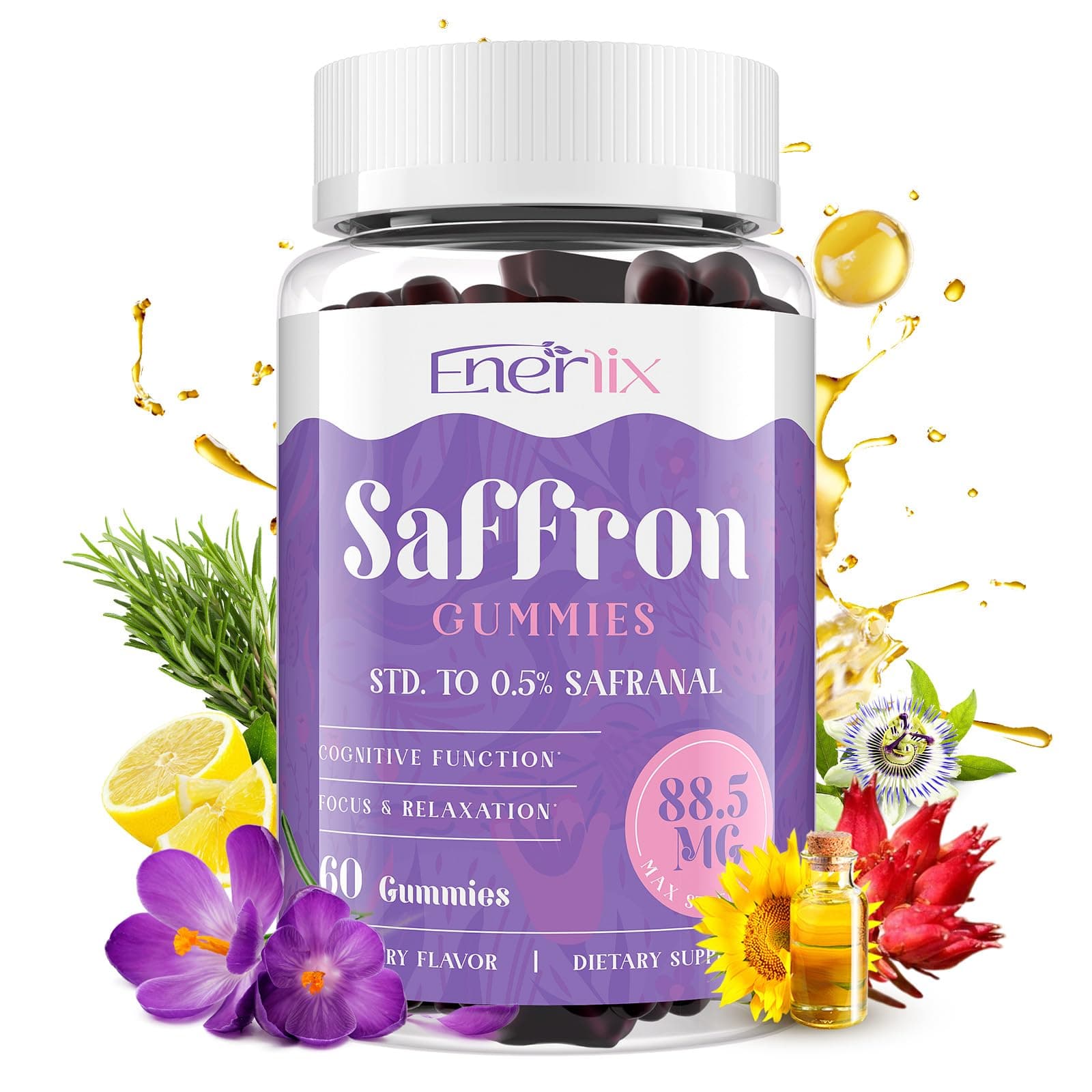 Saffron Gummies 88.5 mg with Magnesium, Max Strength Saffron Supplements with St. John’s Wort, GABA, Rhodiola, Rosemary & Passion Flower Extracts for Mood, Focus - 60 Servings