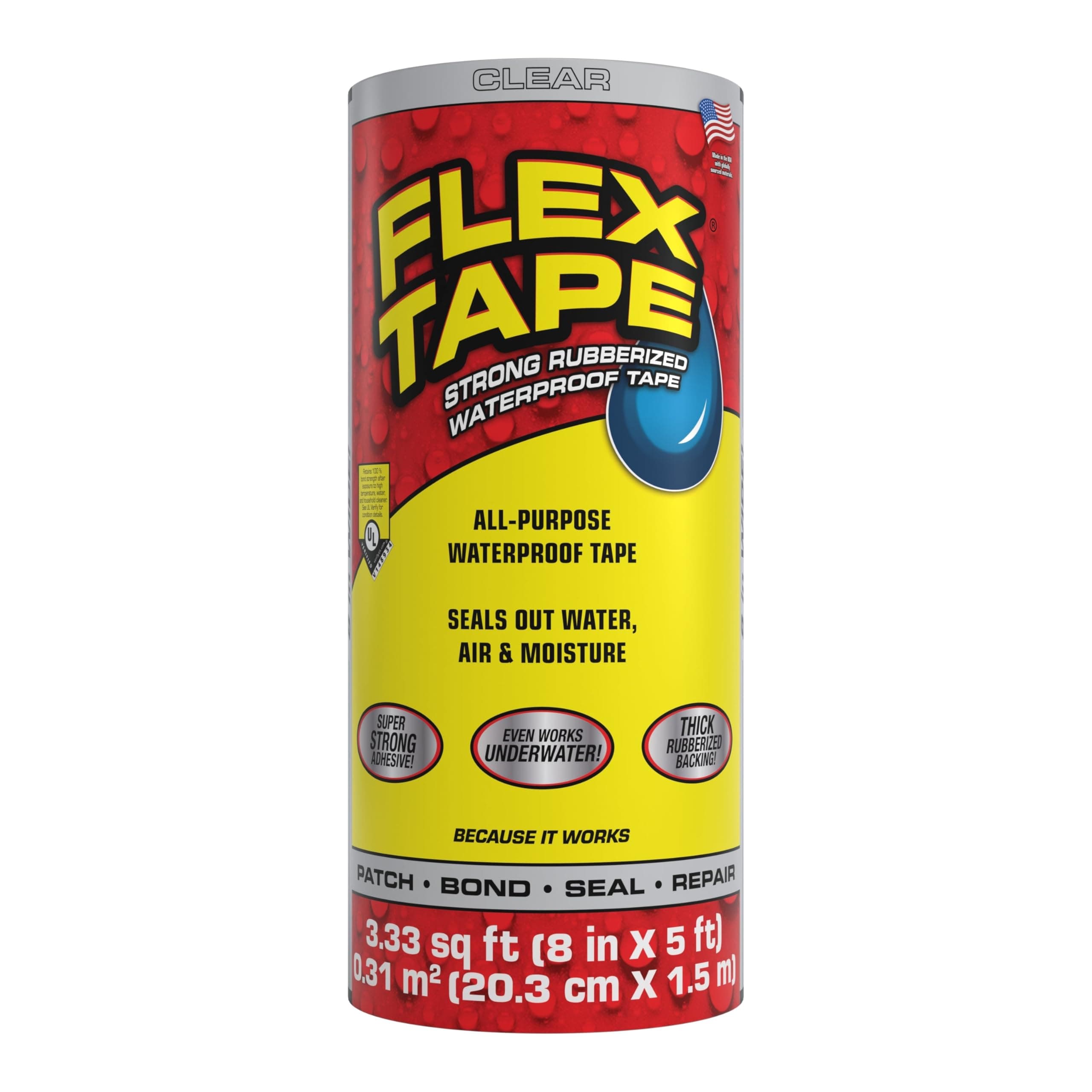 Flex Tape, Original Thick Flexible Rubberized Waterproof Tape - Seal and Patch Leaks, Works Underwater, Indoor Outdoor - Home RV Roof Plumbing and Pool Repairs, Clear, 8 in x 5 ft, Pack of 1