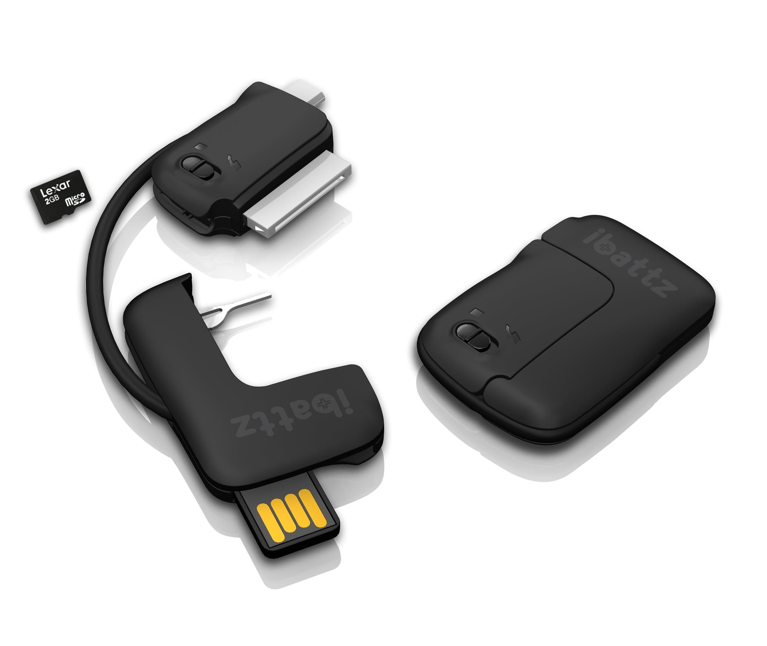 iBattz Mojo Treble Keychain Data Sync Cable with Sim Ejection Tool MicroSD card Reader (Black)- for Apple iPhone 3gs 4 4s iPad 2 iPod Touch Android Phones blackberry Nokia Lumia