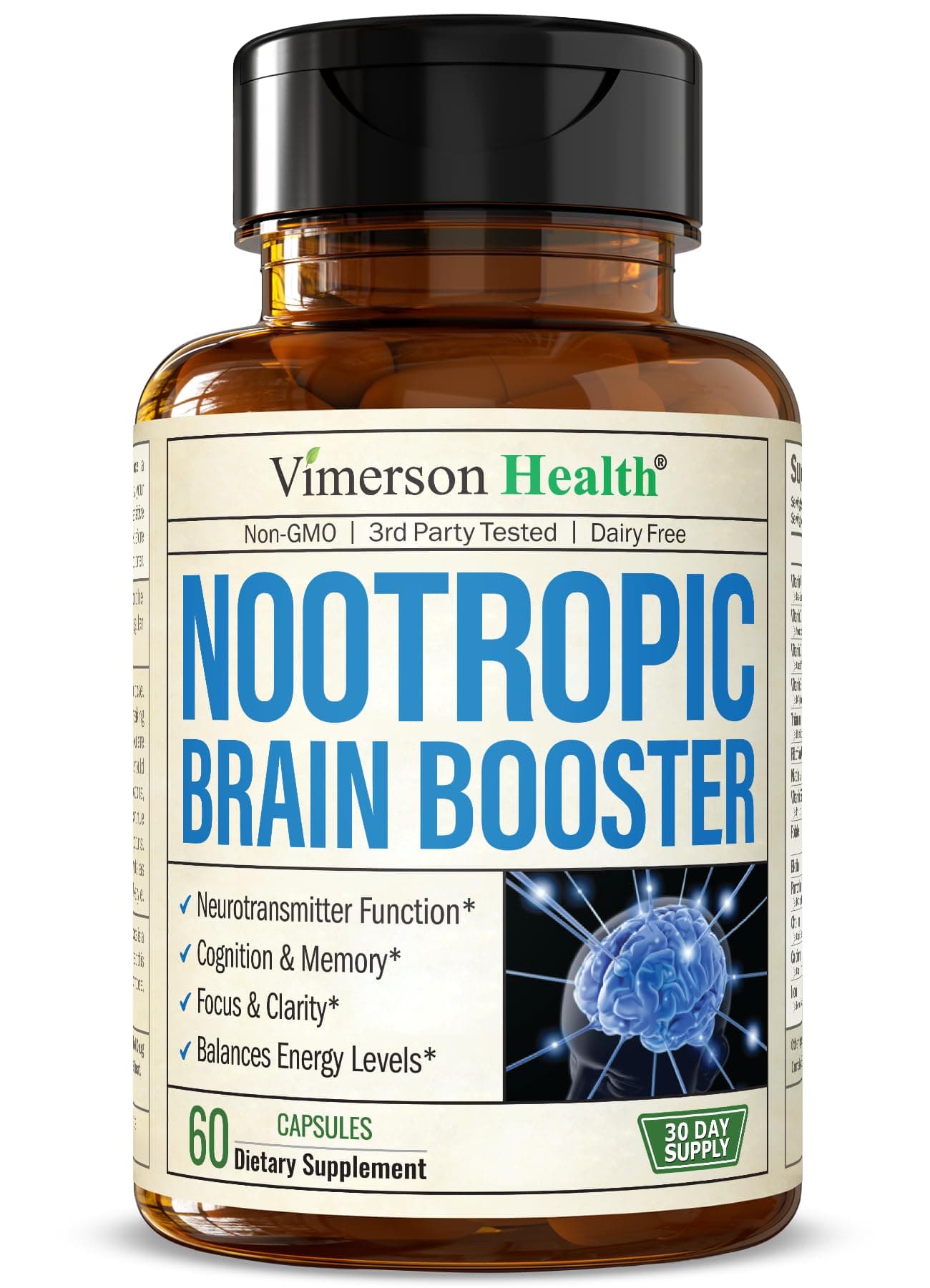 Nootropics Brain Support Supplement - Nootropic Brain Booster for Improved Focus, Concentration & Memory. Brain Nootropic for Brain Health, Mood & Energy Support. Non-GMO. Made in the USA. 60 Capsules