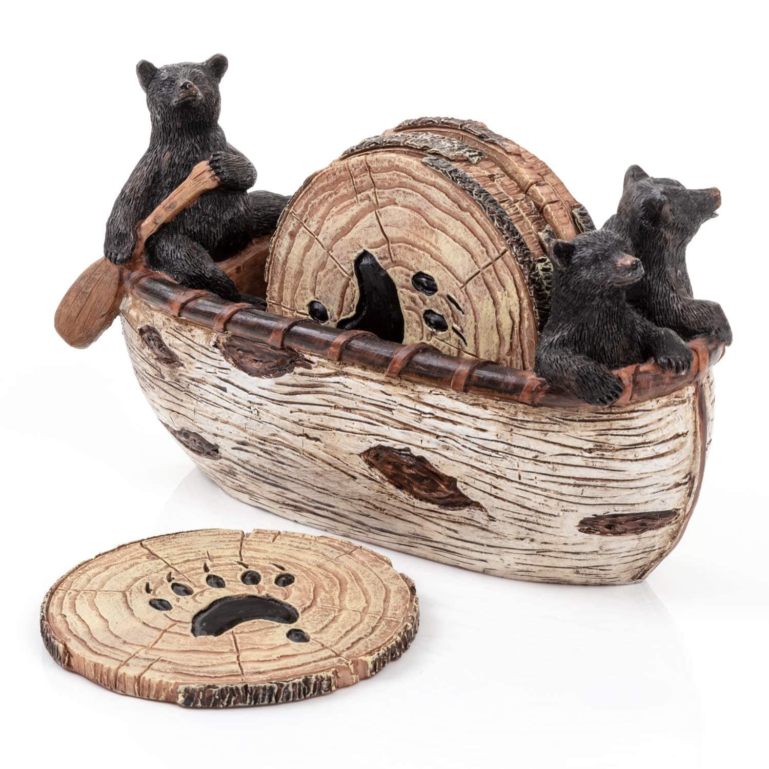 Bear Coasters Set of 6 Full Size Rustic Coasters in Handmade Canoe with Adorable Black Bear Figurines - Log Cabin Decorations, Rustic Lodge Decor for The Home