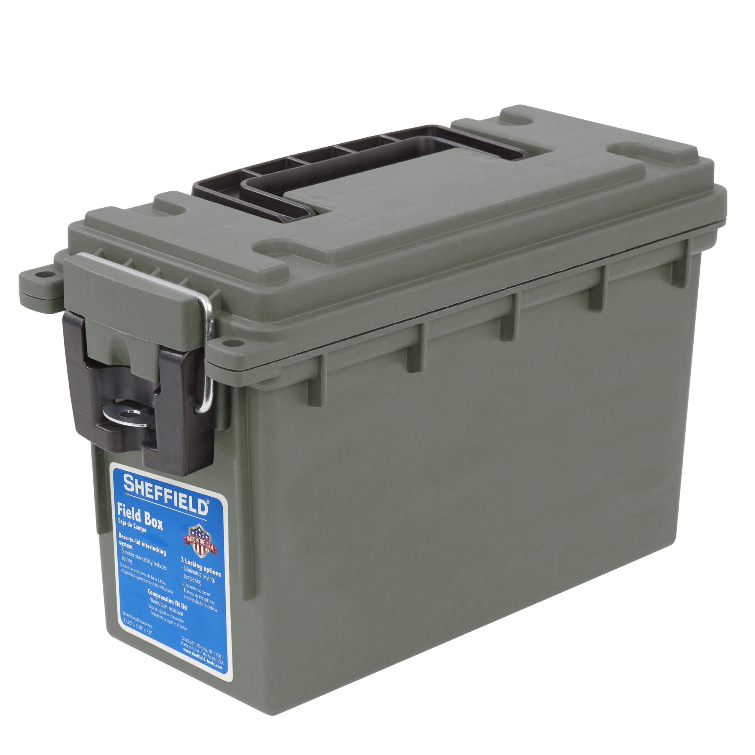 12626 Ammo Storage Box, Stackable .30 Cal Field Boxes, Water and Dust Resistant, Lockable Storage Box with Handle, Secures Hunting Gear, Supplies, and Bullets, Made in USA, Green, 1-Pack