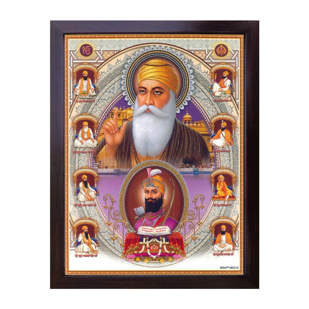 Gurunanak Dev Ji with Guru Gobind Singh Ji and other gurus, A picture Poster made with unbreakable acrylic glass frame for Office/Home Décor