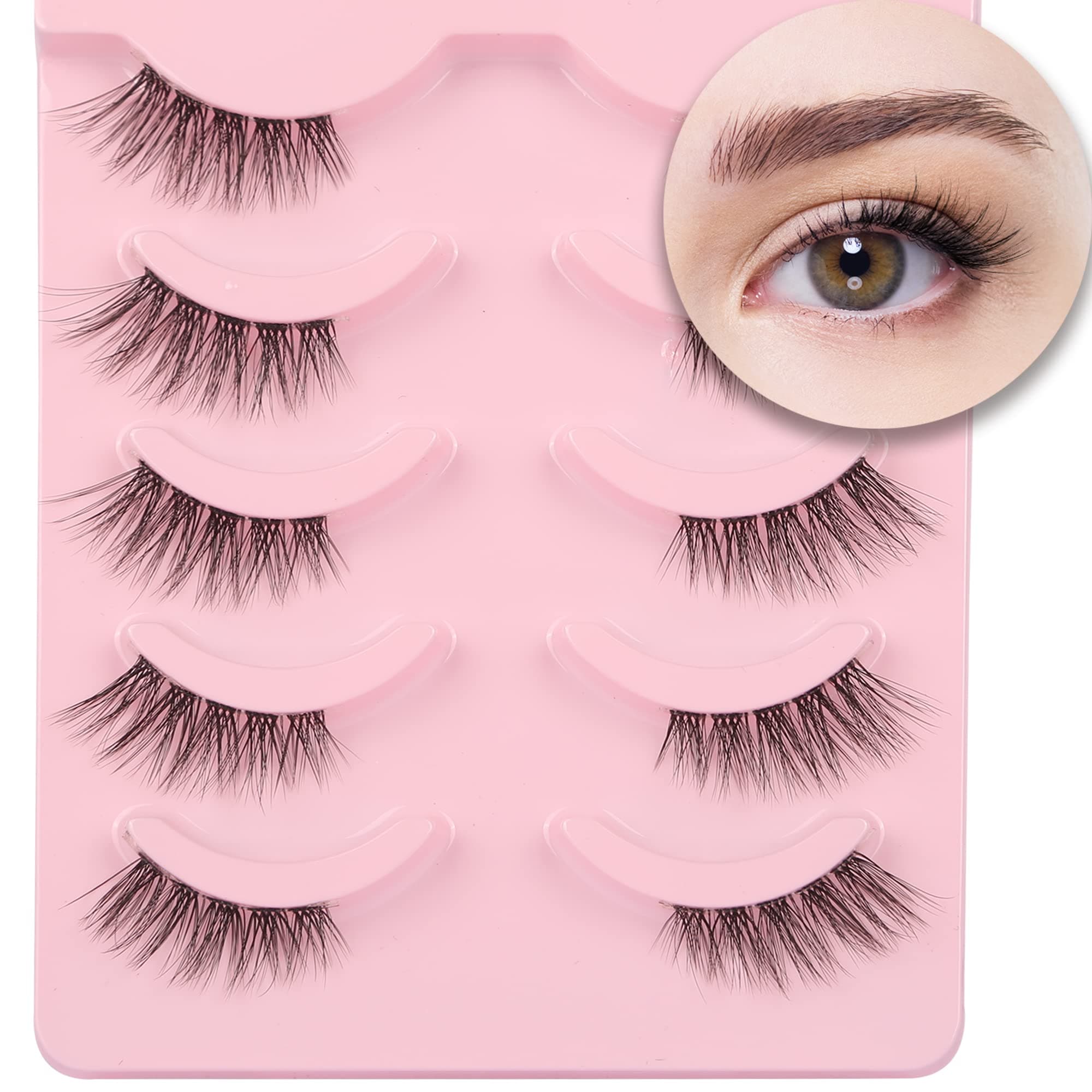 False Eyelashes Half Lashes Cat Eye Strip Natural 1/2 Short Fluffy Accent Tatti 3/4 Wispy Fake Set, Clear, Pack Of 5 Pair (Pack 1)