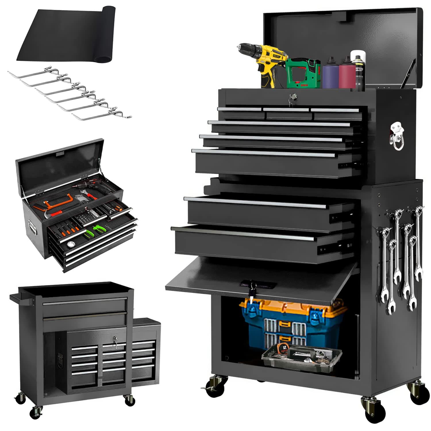 INTERGREATTool Chest, 8-Drawer Tool Chest with Wheels, Detachable Black Metal Tool Cabinet with Lock Top Tool Box, Garage, Warehouse, Workshops, Repair Shop