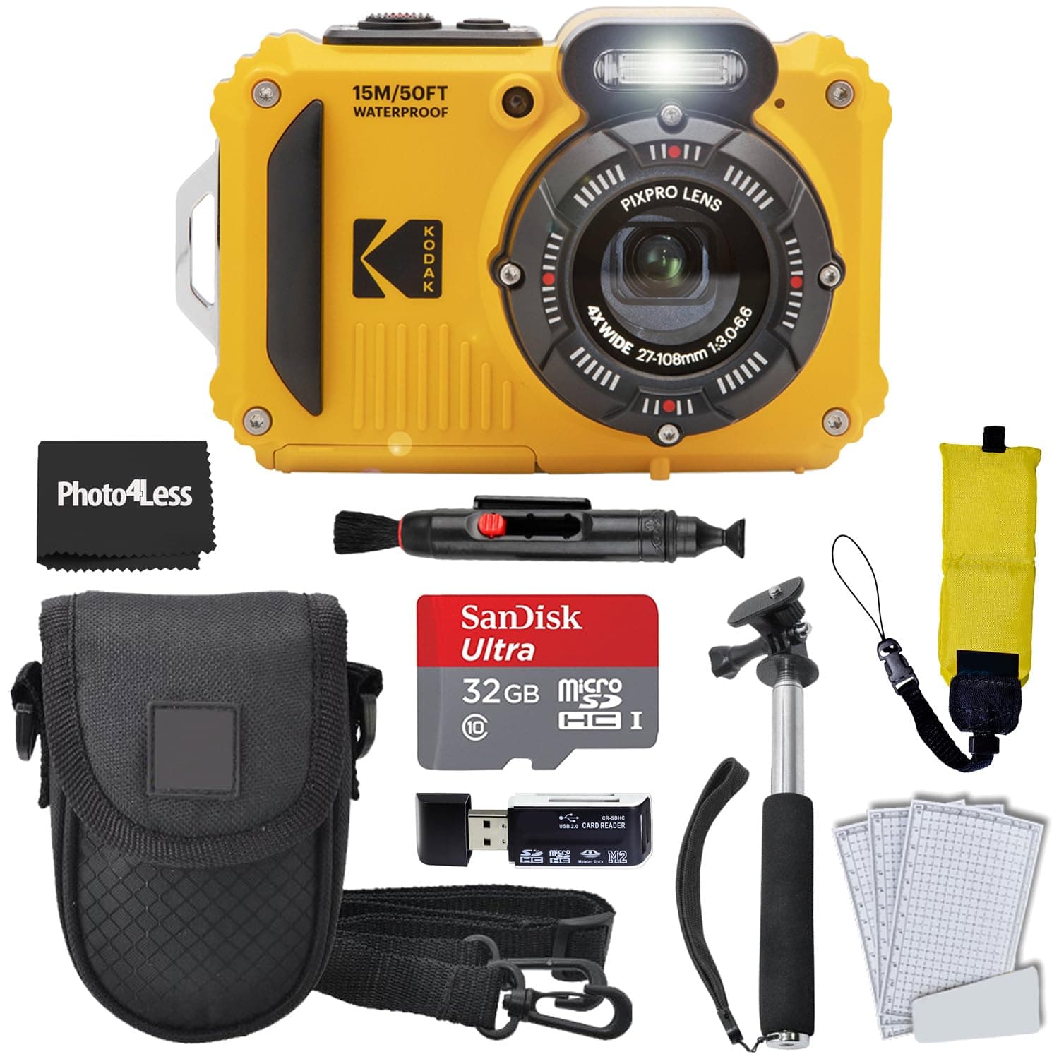 Kodak PIXPRO WPZ2 Rugged Waterproof Shockproof Digital Camera 16MP 4X Optical Zoom 1080P Full HD Video, 2.7 LCD (Yellow), 32GB SD Card, Black Compact Case, Floating Strap, Bundle (7 Items)