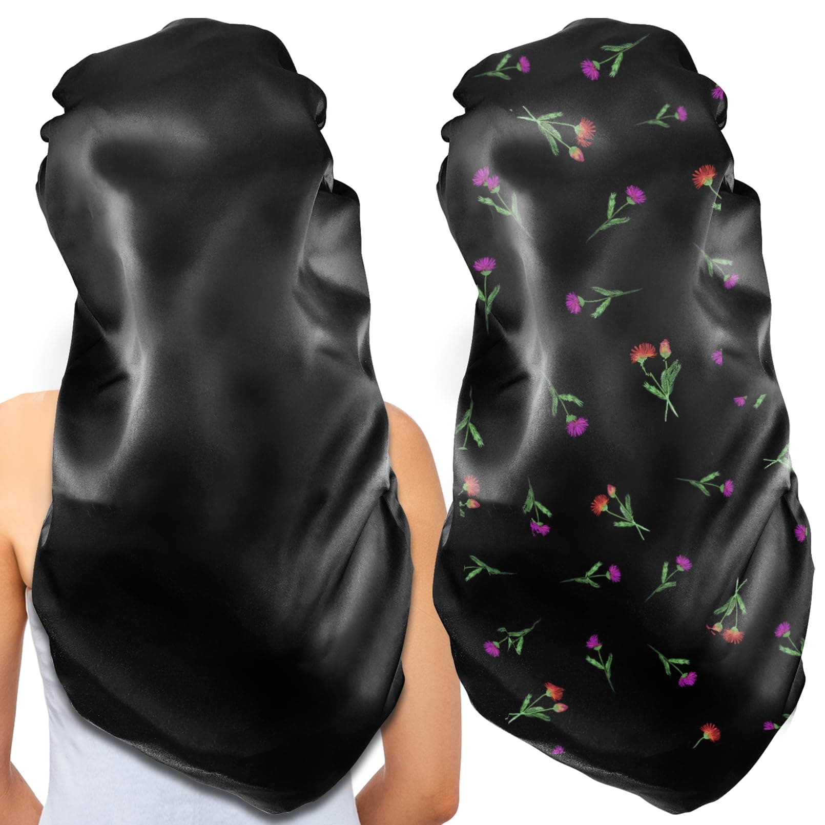 2Pcs Long Satin Bonnet Sleep Cap,Extra Large Braids Bonnets for Sleeping,Long Hair,Soft&Comfortable Elastic Band Bonnets for Women Night Sleep,Hair Bonnets for Women Satin,Black+Green Pattern