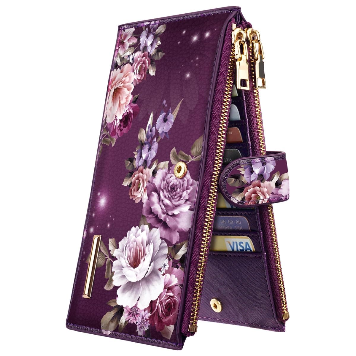 Womens RFID Blocking Large Capacity Wallet Multi Card Organizer Bifold Wallet for Women with Zipper Pocket, Purple Flowers, Large, Casual