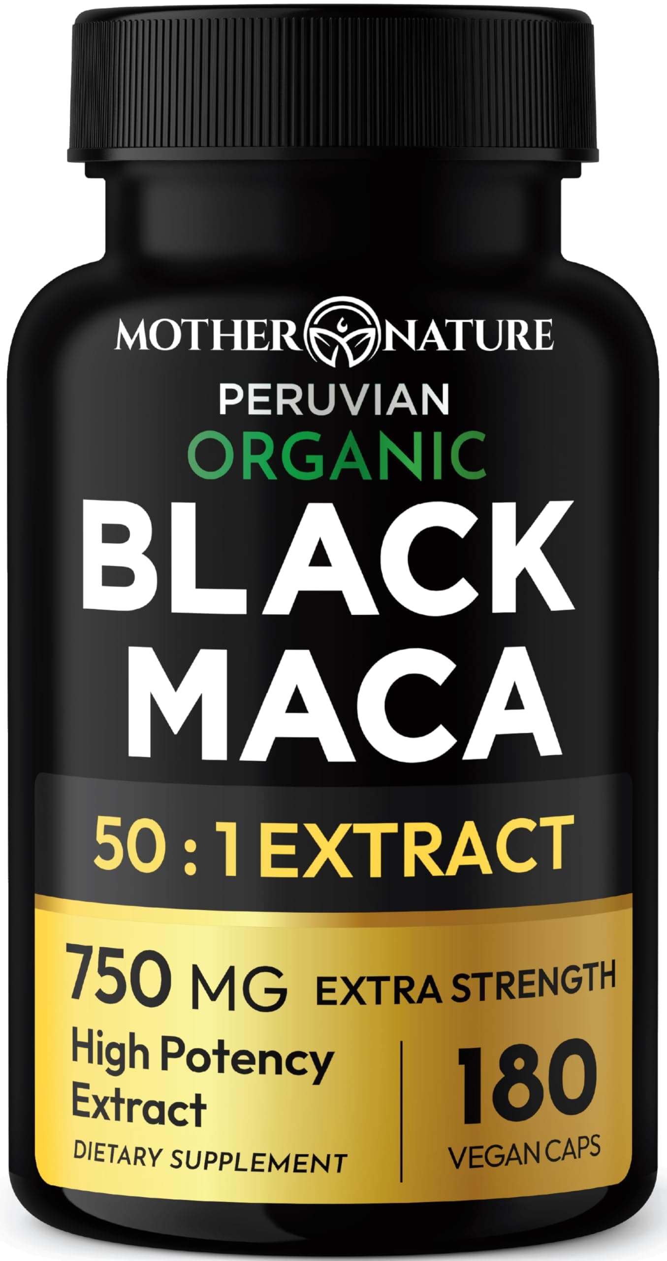 Black Maca Root 50:1 750mg – 180 Capsules Organic Peruvian Maca Peruana Supplement for Men | High Potency Energy, Mood & Performance Support | Vegan, Non-GMO