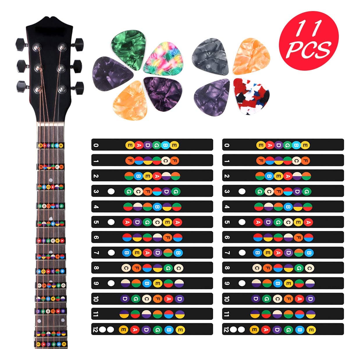 2 Sheets Guitar Fretboard Note Decals Scale Sticker Neck Fingerboard Frets Sticker for Beginner For 6 Strings Acoustic Electric Guitar & 9 Packs Guitar Picks