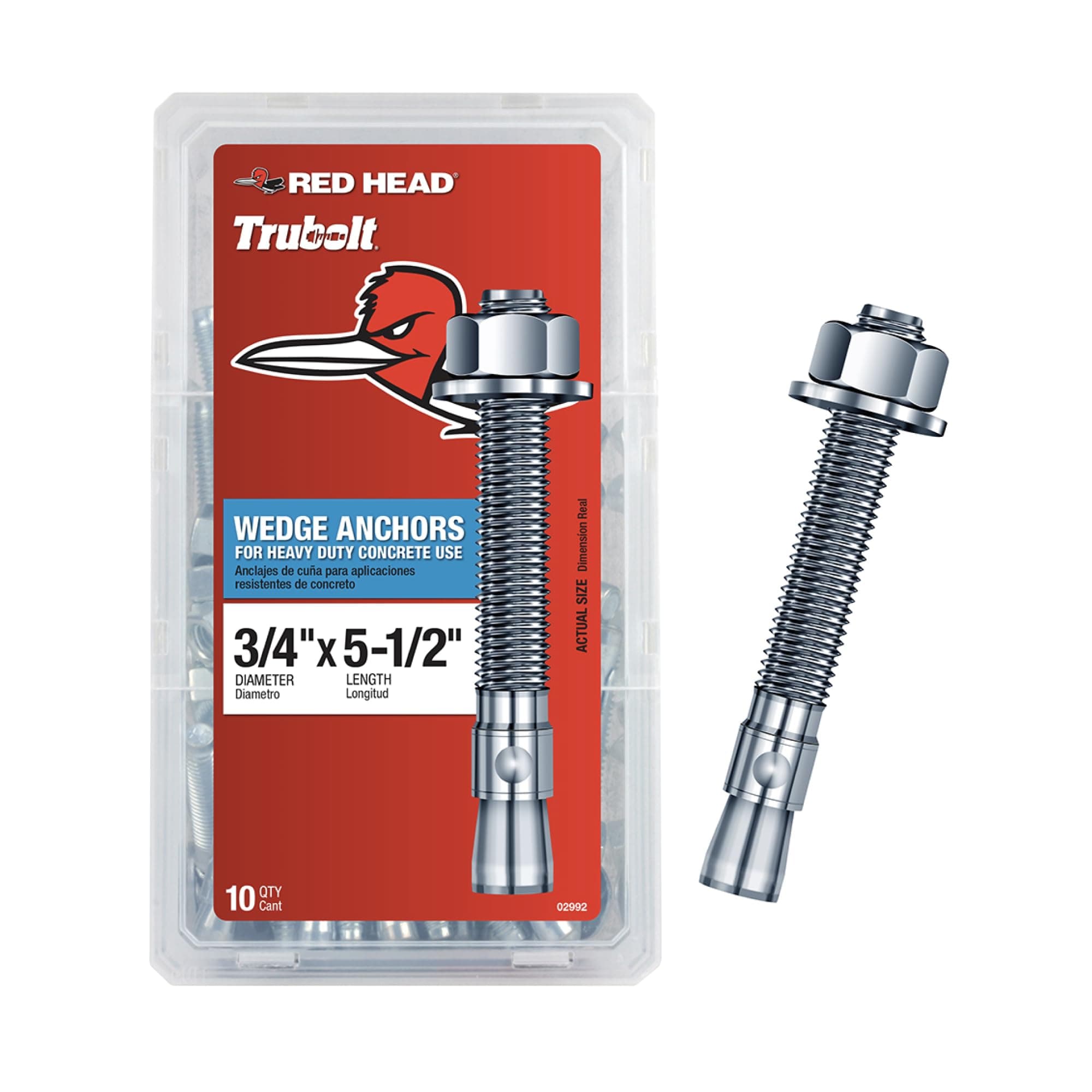 Red Head TruBolt® 3/4 x 5-1/2 Inch Wedge Heavy-Duty Concrete Anchors, 10 PCS, Versatile Threaded Design for Fastening into Solid Concrete with 360-Degree Contact, Stainless Steel