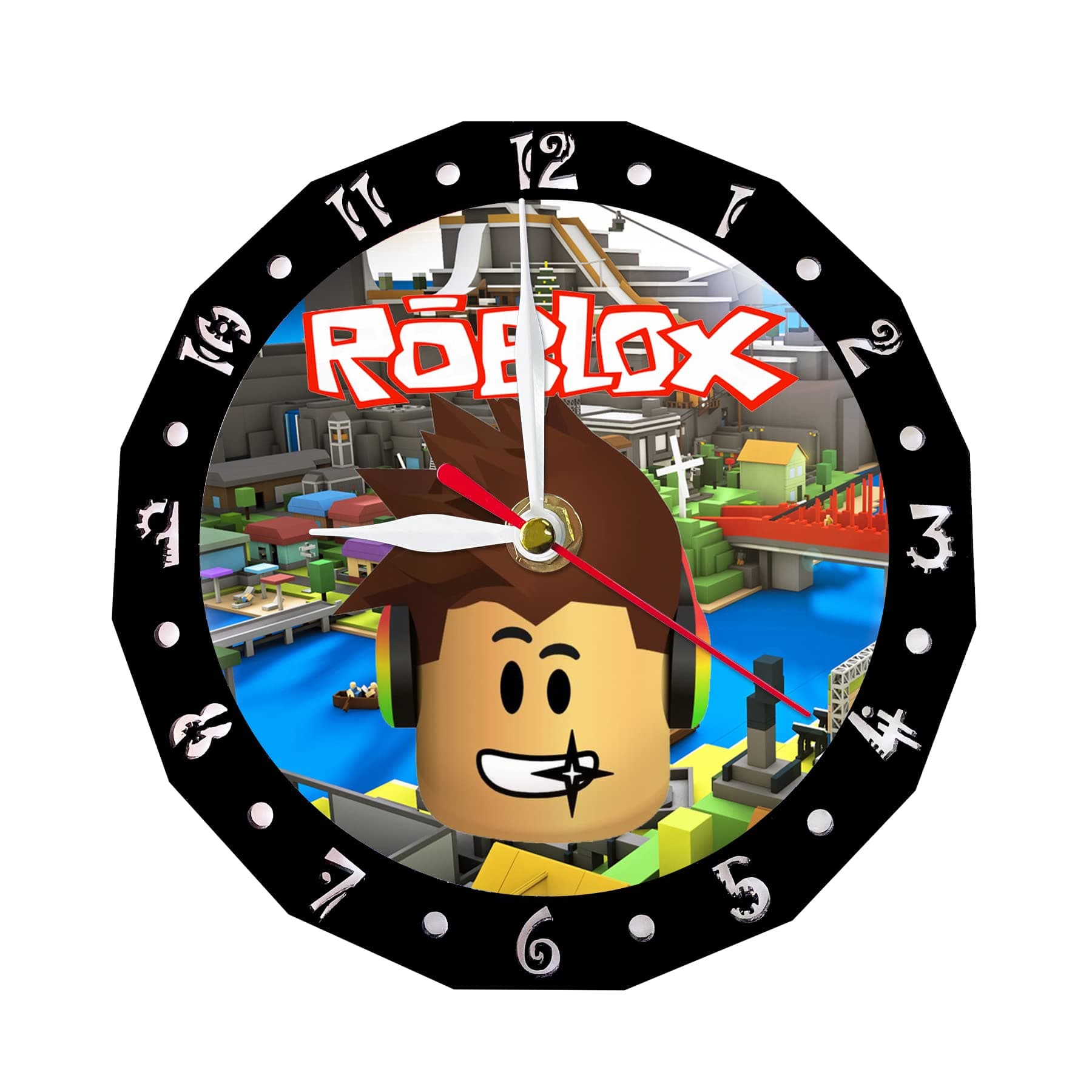 R-timer Roblox Wall Clock Desk Clock Anime Design Round Silent Clock 'No Tick' Fireplace Shelf Clocks for Living Room and Bedroom Office (Roblox Large Head)