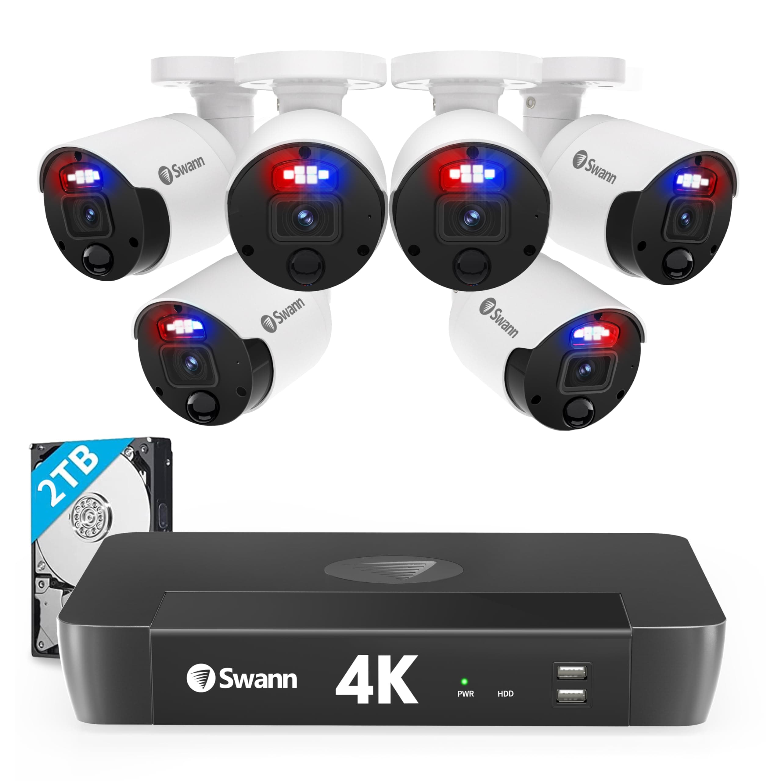 Swann 4K UHD Home Security Camera System, 8 Channel NVR with 2TB, 6 Indoor Outdoor Bullet IP Cameras, PoE Cat5e Wired, Video Analytics, 2-Way Audio, Sirens, Color Night Vision, True Detect, 889806