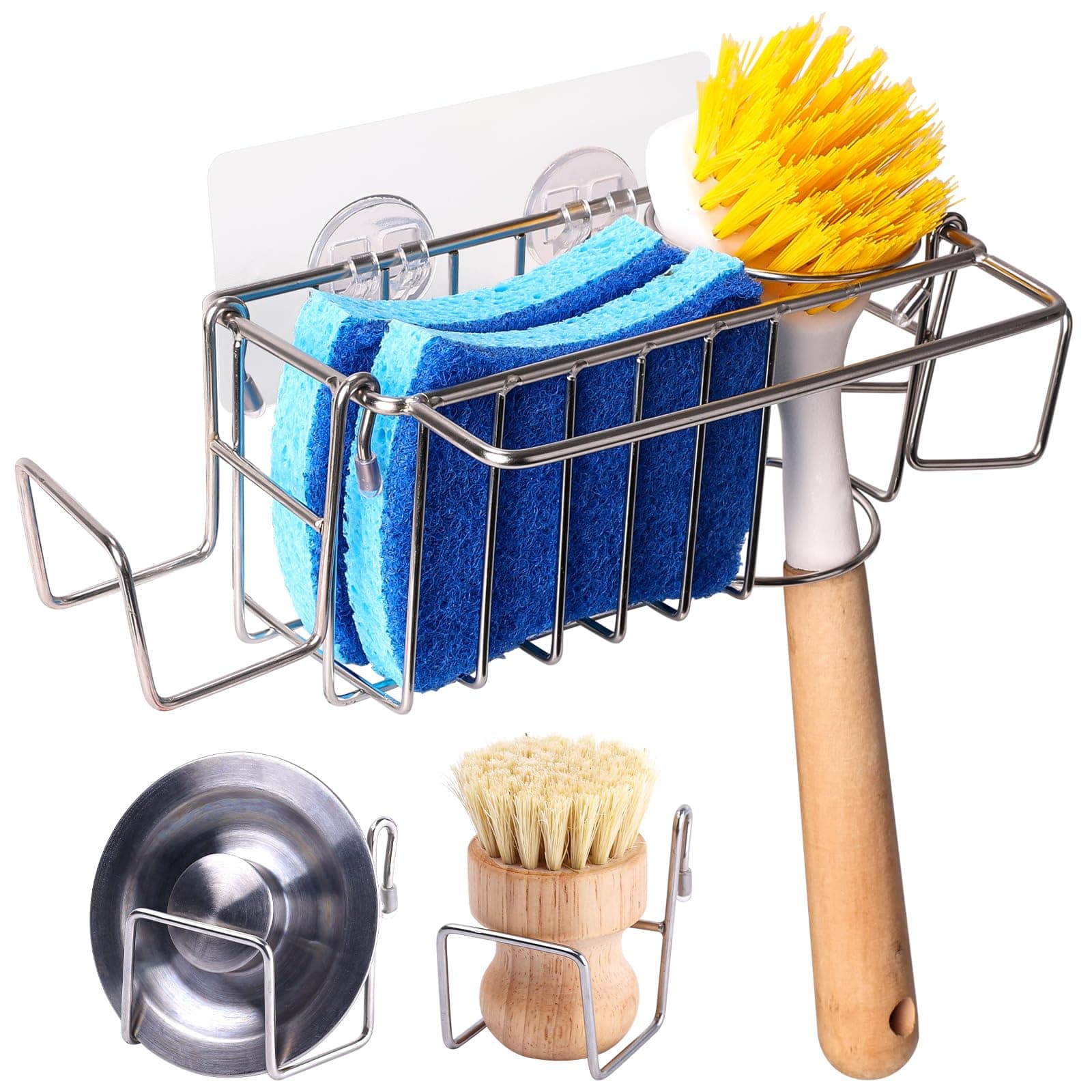 Sponge Holder for Kitchen Sink, 5-In-1 Sink Caddy for Dish Sponge, Dish Cloth, Brush, with 2 Rotatable Racks for Scrubber+Sink Stopper, 304 Stainless Steel Kitchen Sink Organizer with Adhesive Hook