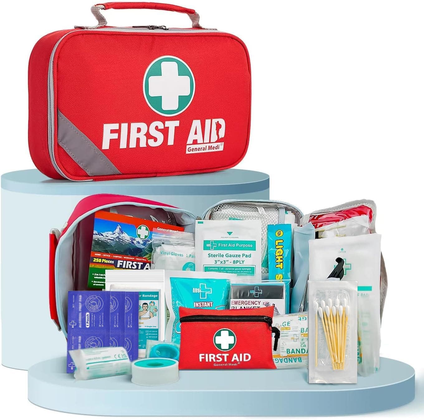 – First Aid Kit (215 Piece) + 43 Piece Mini First Aid Kit - Includes Emergency Blanket, Bandage, Scissors for Home, Car, Camping, Office, Boat, and Traveling