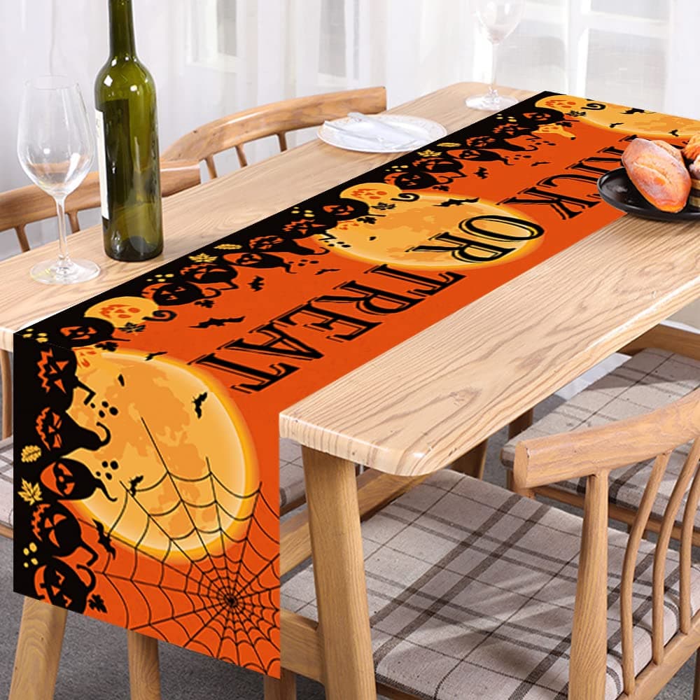 Halloween Table Runner, Halloween Table Decoration Pumpkins Bat Tablecloth , Orange Linen Table Runner for Halloween Home Party Decor 13.8 x 70.8 Inch