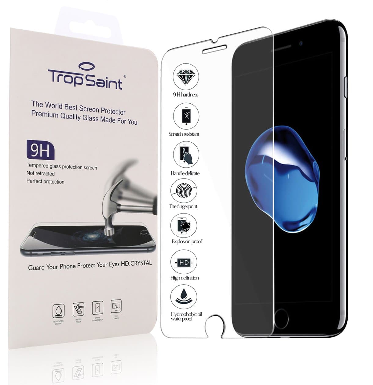 Trop Saint® Tempered Glass for iPhone 8 Plus and 7 Pus (4,7)" Hardness 9H, 0.3mm Screen Shield - Transparent