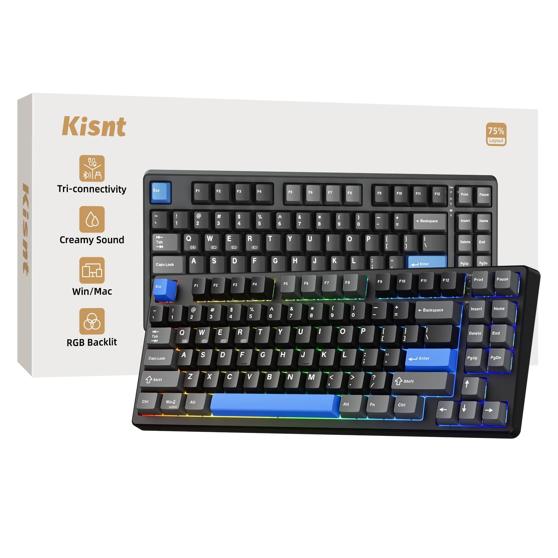 KN85 Wireless Mechanical Gaming Keyboard, 75% Layout with RGB Backlit, Custom Hot Swappable, Creamy Sound, Bluetooth/2.4GHz/USB-C Compatible with Windows/Mac/PC (Textured Black,Linear Switch)