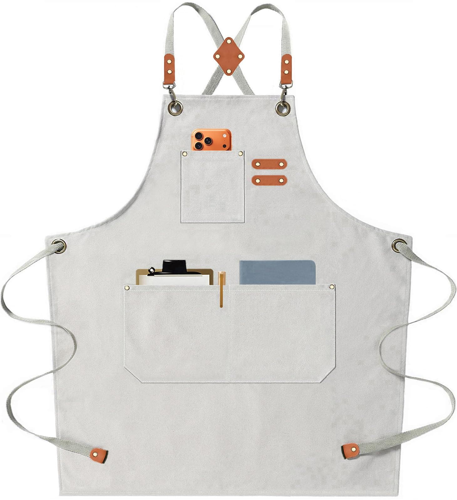 AFUN Chef Aprons for Men Women with Oversized Pockets, 16-Ounce Cotton Canvas Cross Back Heavy Duty Work Apron (Beige)